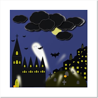 Scary halloween scene with ghosts Posters and Art